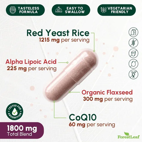Vista 4 de Arroz de Levadura Roja 1215 mg. Cápsulas – Levadura de Arroz Rojo de Fuerza Extra con Suplemento CoQ10, Más Ácido Alfa Lipoico y Linaza Orgánica
