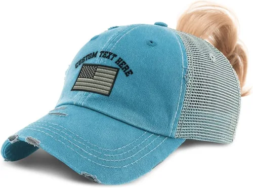 Vista 11 de Gorra de béisbol de cola de caballo personalizada Bandera estadounidense Solo diseño negro.