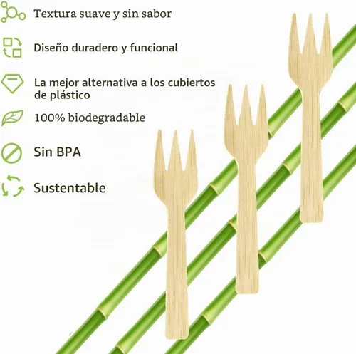 Vista 3 de Utensilios de bambú 200PK Mini tenedores de bambú 3.54 pulgadas desechables pequeños 100% biodegradables compostables cubiertos cubiertos