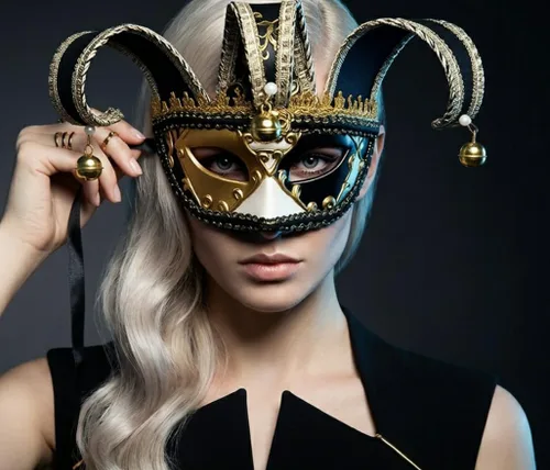 Vista 3 de Máscaras de mascarada, máscaras de bufón de media cara, máscaras venecianas para Mardi Gras, Halloween, cosplay, fiesta musical