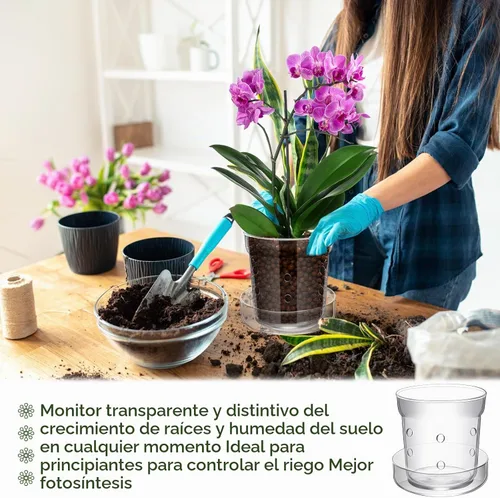 Vista 6 de Baderke Maceta de orquídeas con orificios de drenaje y bandeja de vidrio transparente para orquídeas, trasplante de flores, jarrón de vidrio