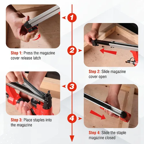 Vista 5 de WORKPRO - Pistola de grapas neumática de calibre 20, grapadora T50 sin aceite para tapicería con 1260 piezas de grapas de 1/4" a 5/8", cargador