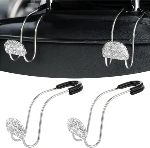 Vista 10 de AUCELI Gancho para reposacabezas de automóvil, paquete de 2 organizadores brillantes para el asiento trasero para bolso, ropa, bolsa de comestibles