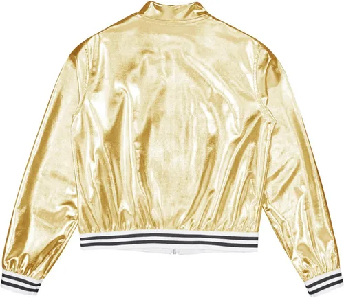 Vista 4 de YiZYiF Conjunto de ropa de baile para niños y niñas, disfraz de hip hop, jazz, chaqueta bomber metálica brillante con pantalones de cintura alta