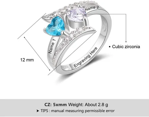 Vista 3 de Anillos de promesa de plata fina 925 Zomodia para ella, anillos personalizados para madres con 2 piedras de nacimiento de imitación, joyería