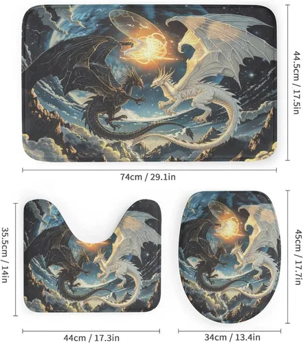 Vista 3 de Juego de 4 cortinas de ducha con diseño de dragón y luna de fantasía, juego de decoración de baño con alfombras, tapete de baño, cortina de ducha