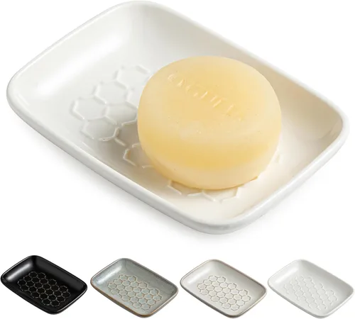 Vista 12 de Gomakren Jabonera para ducha, soporte de cerámica para jabón con diseño de panal, bandeja ahorradora de jabón para fregadero de cocina y baño, Beige