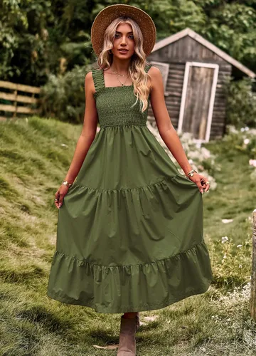 Vista 4 de Vaiaye Vestido largo de verano para mujer, estilo casual, bohemio, sin mangas, tirantes delgados, fruncido, largo, fluido, escalonado, para el sol