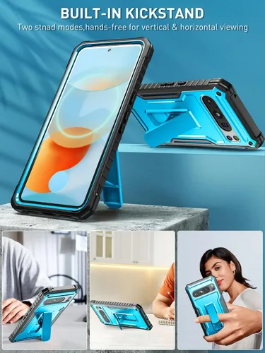 Vista 4 de ExoGuard Funda protectora para Google Pixel 8 Pro, funda protectora de goma resistente a los impactos a prueba de golpes, soporte integrado (azul)
