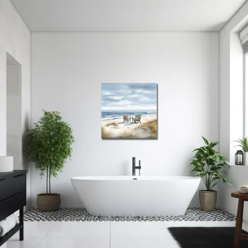 Vista 4 de LZIMU Arte de pared costero, silla de playa junto al mar, impresión en lienzo, pintura relajante de paisaje marino, arte de orilla relajante azul