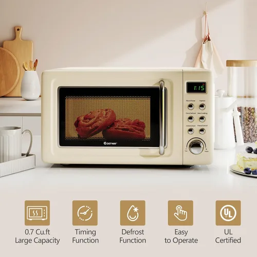 Vista 4 de COSTWAY horno microondas de encimera, 0.7 pies cúbicos, hornos microondas con 5 niveles de micro potencia, función de inicio diferido, plato