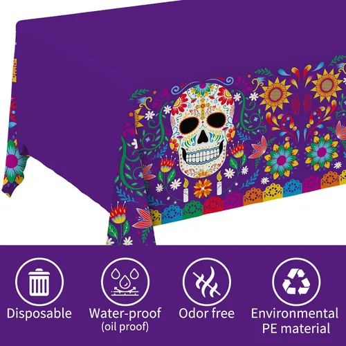 Vista 2 de Mantel desechable para fiesta del Día de los Muertos, mantel desechable de plástico con calavera de azúcar para decoración de fiesta del Día
