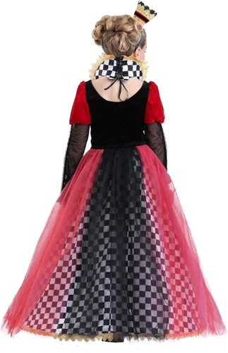 Vista 3 de Disfraz de Reina de Corazones para niñas, disfraz real negro y rojo para disfraz de Halloween