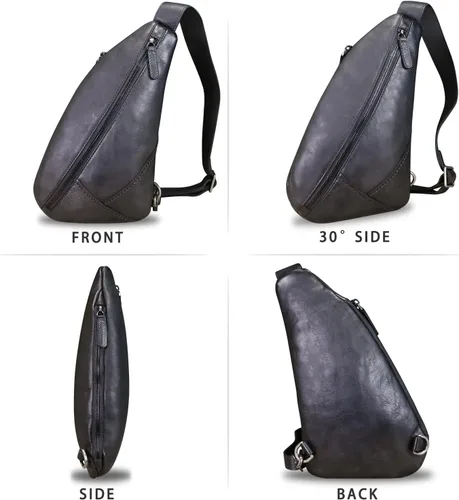 Vista 5 de LRTO Bolso de cuero genuino para mujeres y hombres, mochila de cuero vintage para el hombro, bolso cruzado en el pecho, Grisoscuro