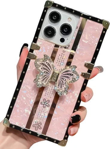 Vista 14 de Funda Rectangular de Lujo Femenina Compatible con iPhone 16 Pro Max Diseñada con Soporte de Anillo de Diamante con Función de Atril