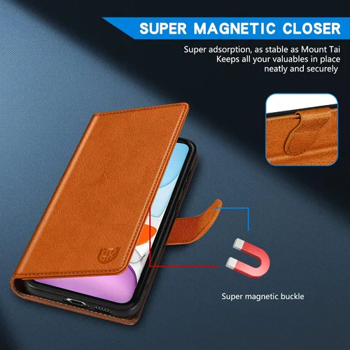 Vista 3 de ZZXX Funda tipo cartera para iPhone 11 con bloqueo RFID, ranura para tarjetas, función atril, cierre magnético, funda protectora de cuero para Marrón