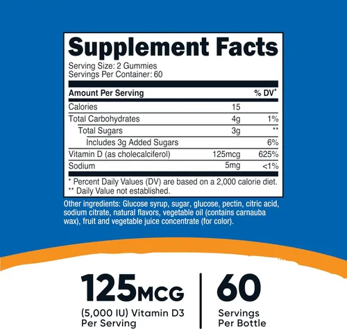 Vista 2 de Nutricost Gomitas de vitamina D3 5,000 UI (125 mcg), 120 gomitas – sabor a bayas mixtas, 60 porciones