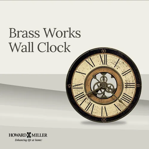 Vista 4 de Howard Miller Brass Works - Reloj de pared con acabado de latón antiguo, movimiento de cuarzo, números romanos, engranaje móvil, funciona