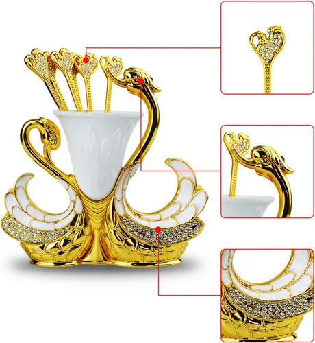 Vista 4 de Juego de cucharas con base de cisne dorado, cubiertos decorativos de cisne con 6 cucharas, cucharas de café, organizador para postres, helado