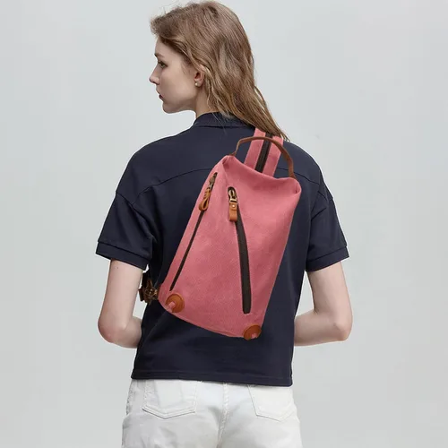 Vista 6 de KL928 Bolso bandolera de lona Mochila pequeña cruzada de hombro, mochila casual para hombres y mujeres, 6887-lona-óxido rojo, Ocio