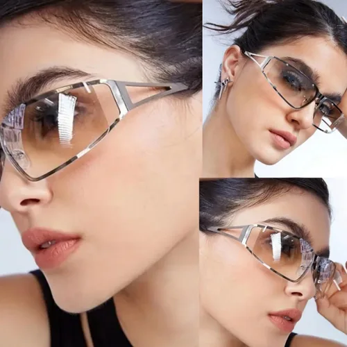 Vista 2 de Gafas de sol Y2K para mujeres y hombres, estética, accesorios de atuendo de los años 2000, lentes ovalados Y2K, marco de metal, persianas envolventes