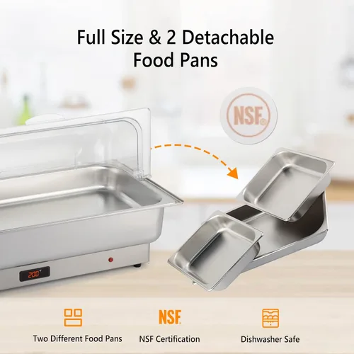 Vista 4 de ROVSUN Juego de bufé eléctrico de acero inoxidable de 9 cuartos de galón, NSF con tapa enrollable para catering, calentador de alimentos