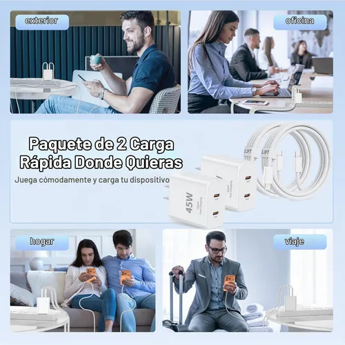 Vista 7 de Cargador súper rápido USB C de 45 W, paquete de 2 bloques de carga dual USB C para iPhone con cable trenzado tipo C a C de 3.3 pies de carga rápida