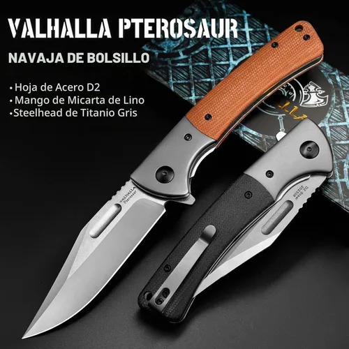 Vista 4 de VALHALLA PTEROSAUR Cuchillo de bolsillo, cuchillo plegable de acero D2 de 3.9 pulgadas con mango de micarta, cuchillo de bolsillo para hombres, Negro