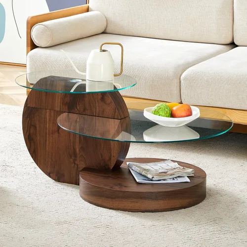 Vista 3 de Ebullient Mesa de centro redonda moderna de cristal, 3 niveles con base de madera, mesa central geométrica para sala de estar, muebles de acento