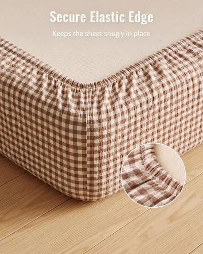 Vista 7 de Blissful Diary Muslin Crib Sheets, 2 Pack, Beige Gingham & Brown Gingham fitted for 52''x28'' crib mattress, soft and breathable cotton, boho