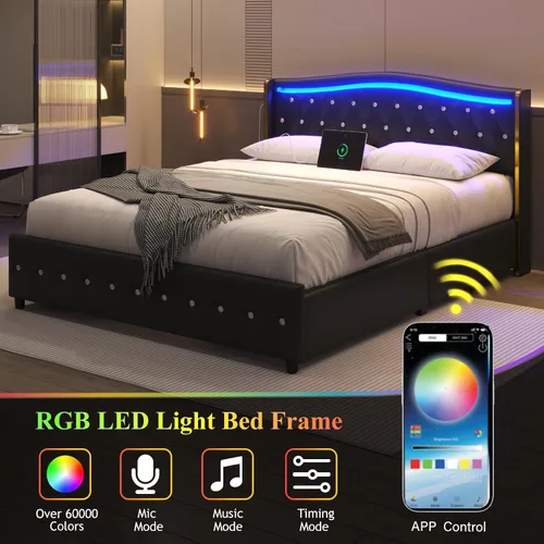 Vista 6 de E-Motie Base de cama tamaño completo con cabecera tipo wingback, plataforma tapizada con luces LED RGB, estación de carga, 4 cajones