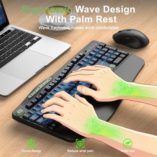 Vista 2 de Combo de teclado y mouse inalámbricos, teclado ergonómico con 6 teclas multimedia, teclado de tamaño completo 2.4G con reposamuñecas, mouse