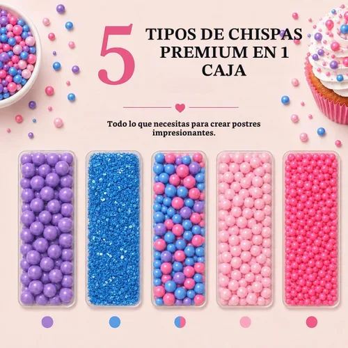 Vista 2 de Confect Gránulos decorativos para tartas Mezcla de grageas rosa intenso, rosa bebé y morado Azúcar brillante azul profundo Gránulos