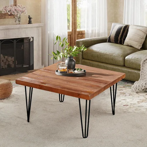 Vista 9 de Mesa de centro cuadrada de madera natural de 27 x 27 x 15 pulgadas de alto, mesas vintage de madera rústica para sala de estar, comedor, sofá