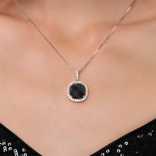 Vista 3 de Gem Stone King 925 Sterling Silver 14MM Cushion Gemstone Birthstone and White Moissanite Pendant Necklace Halo Necklace for Women With 18 Inch