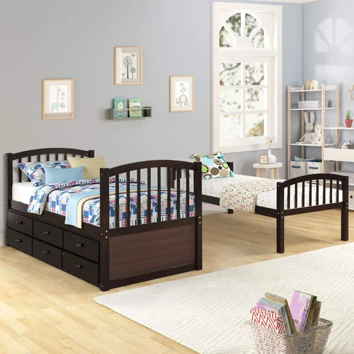 Vista 6 de Harper & Bright Designs - Litera de tamaño individual sobre individual con nido y cajones de almacenamiento, base de cama de madera con barandilla