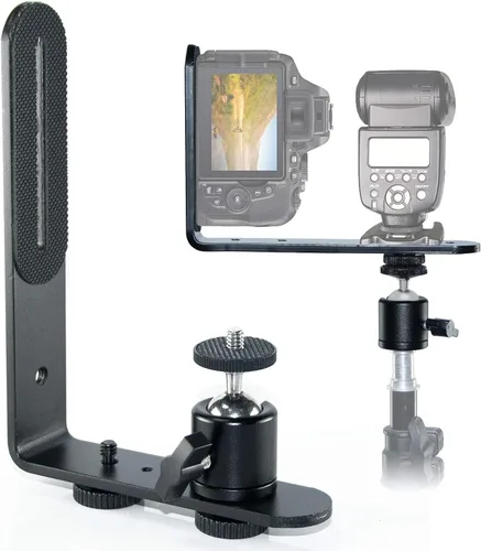 Vista 5 de EXMAX® Soporte para cámara de luz flash en forma de L de aleación de aluminio de metal con tornillo de 1/4 pulgadas + mini trípode de cabeza de bola