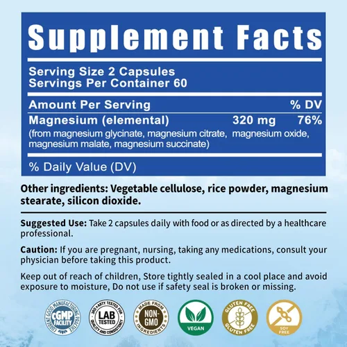 Vista 8 de Complejo de magnesio 5 en 1 320 mg de glicinato de magnesio, malato, citrato Apoyo para el sueño, la relajación muscular y el metabolismo