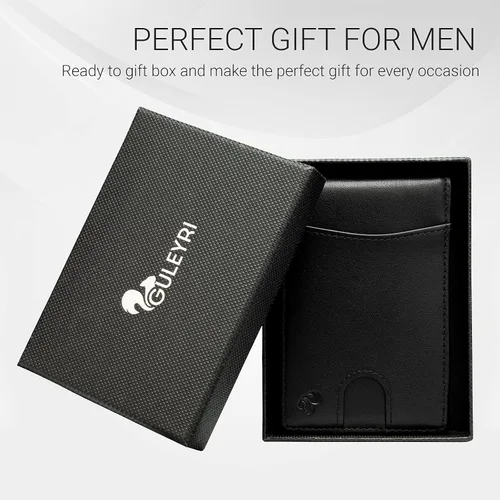 Vista 5 de GULEYRI Cartera delgada de piel auténtica italiana biblada para hombres y mujeres con clip para dinero y bloqueo RFID tarjetero minimalista