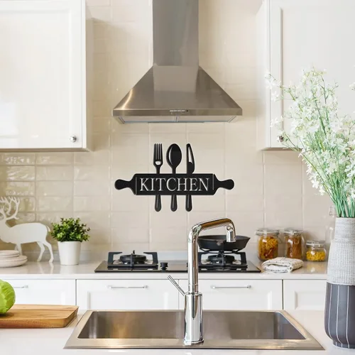 Vista 8 de Vivegate Utensilios de metal para decoración de pared, moderno letrero de país negro para cocina y comedor