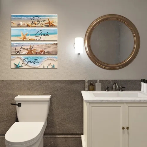 Vista 5 de Decoración de playa, 4 placas colgantes de pared, letreros de madera rústica, decoración de pared para el hogar y el baño, tema de estrella de mar