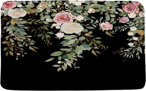 Vista 4 de GCTNBJL Tapete de baño con diseño floral, hojas verdes, flores rosas, bohemio, botánico, tropical, hojas bohemias, plantas, naturaleza negra