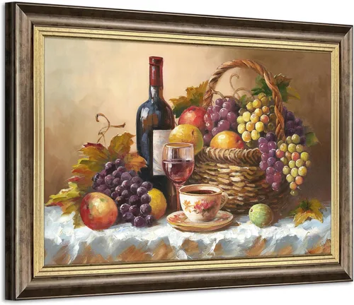 Vista 7 de ARTISTIC PATH Arte de Pared en Lienzo de Comida Retro - Cuadro Vintage de Frutas Burdeos Colorido Melocotón Uva Pintura Antigua Impresiones de Arte