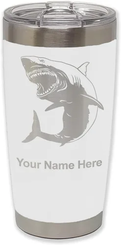 Vista 30 de LaserGram Vaso aislado al vacío de 20 onzas, gran tiburón blanco, grabado personalizado incluido (negro)