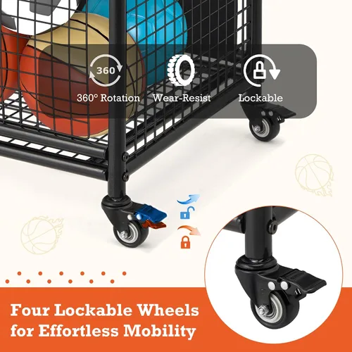 Vista 3 de AECOJOY Almacenamiento de carrito de bolas, cubo de baloncesto con ruedas para garaje, escuela, gimnasio, equipo deportivo y organizador