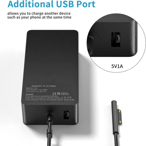 Vista 4 de Cargador de portátil Surface Pro de 65 W para Microsoft Surface Pro 10/9/8/7/6/5/4/3/X, Windows Surface Laptop 6/5/4/3/2/1, Surface Book 3/2/1