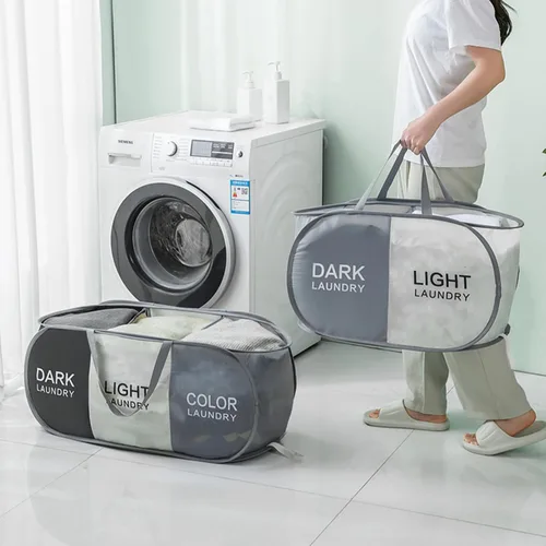 Vista 7 de Cesta plegable para la ropa sucia duradera con 2 compartimentos para clasificar y almacenar, cesta portátil para ropa sucia para dormitorio, cuarto