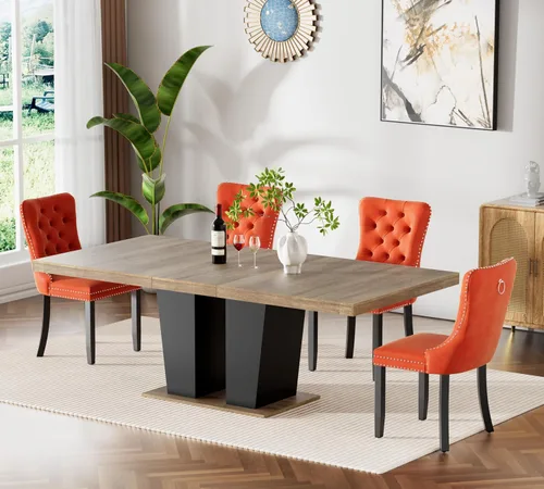 Vista 8 de Juego de mesa de comedor extensible de 63 a 79 pulgadas para 4, moderna mesa de cocina expandible con 4 sillas de terciopelo, mesa de madera gruesa