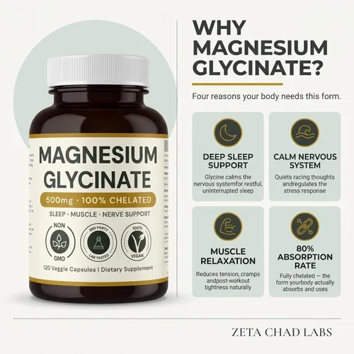 Vista 3 de Glicinato de magnesio – 500 mg, 120 cápsulas, suministro para 4 meses, apoya el alivio del estrés, sueño, salud cardíaca, nervios, músculos