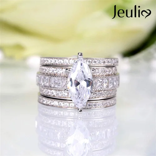 Vista 8 de Jeulia Juego de anillos de boda de 2 quilates de 3 piezas para mujer, anillos de compromiso de circonita cúbica de corte marquesa de plata de ley